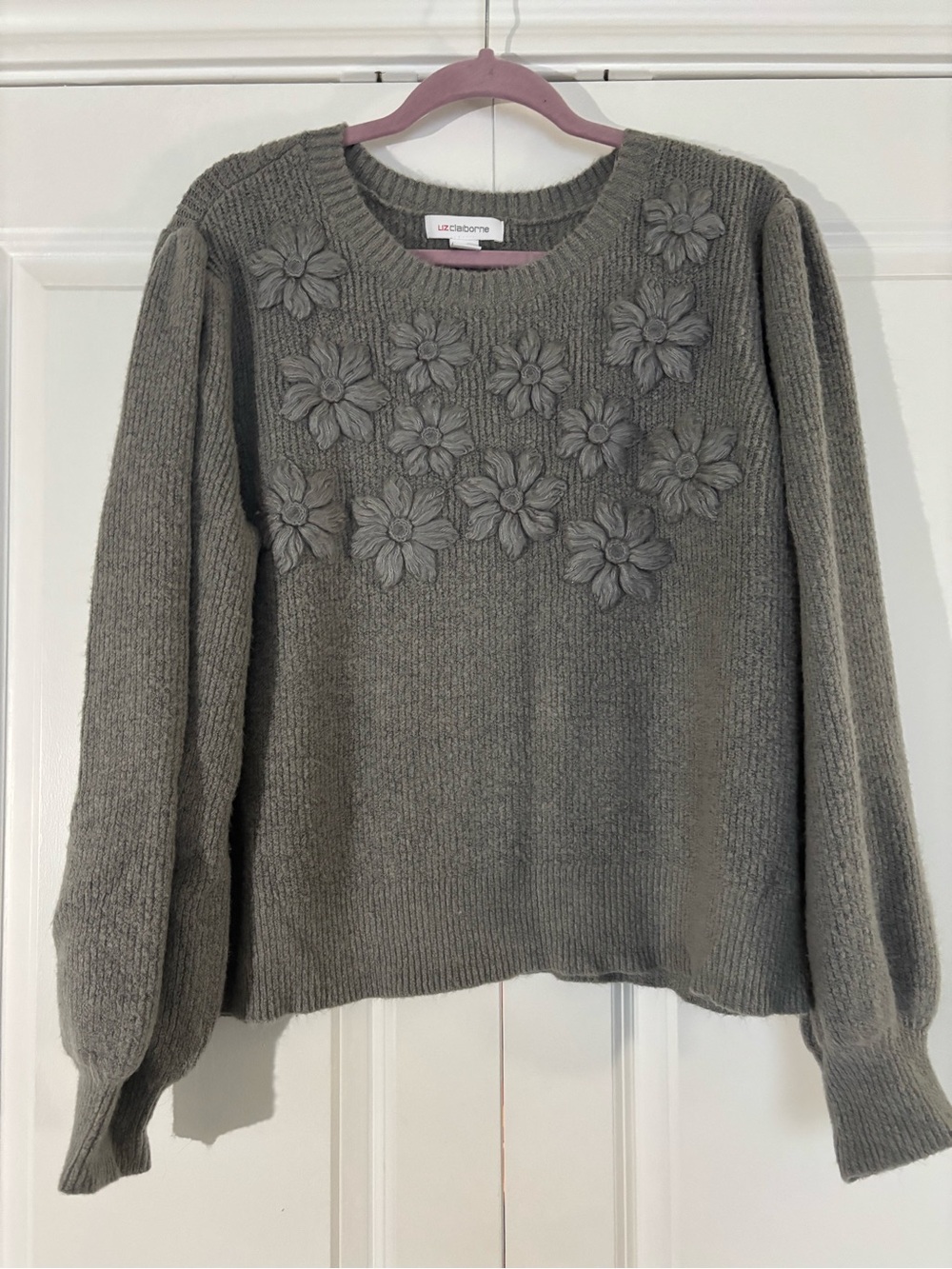Liz Claiborne Gray Floral-Appliqué Crewneck Sweater with Textured Blooms